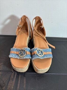 Sam and Libby Wedge Espadrille Sandals with Denim Strap in Tan and Blue. 9/11